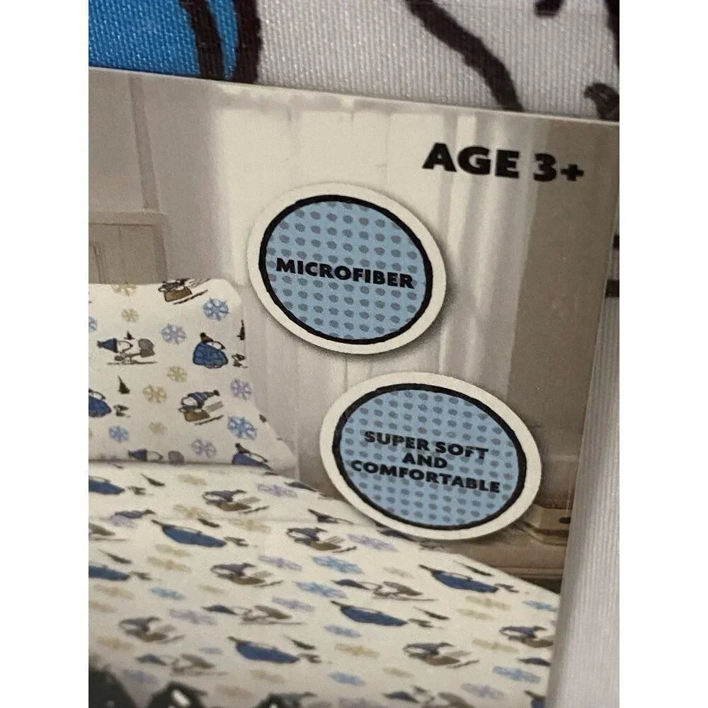 Peanuts Snoopy Puffy Coat QUEEN SZ Sheet Set Christmas Puffer Jacket White‎ Blue